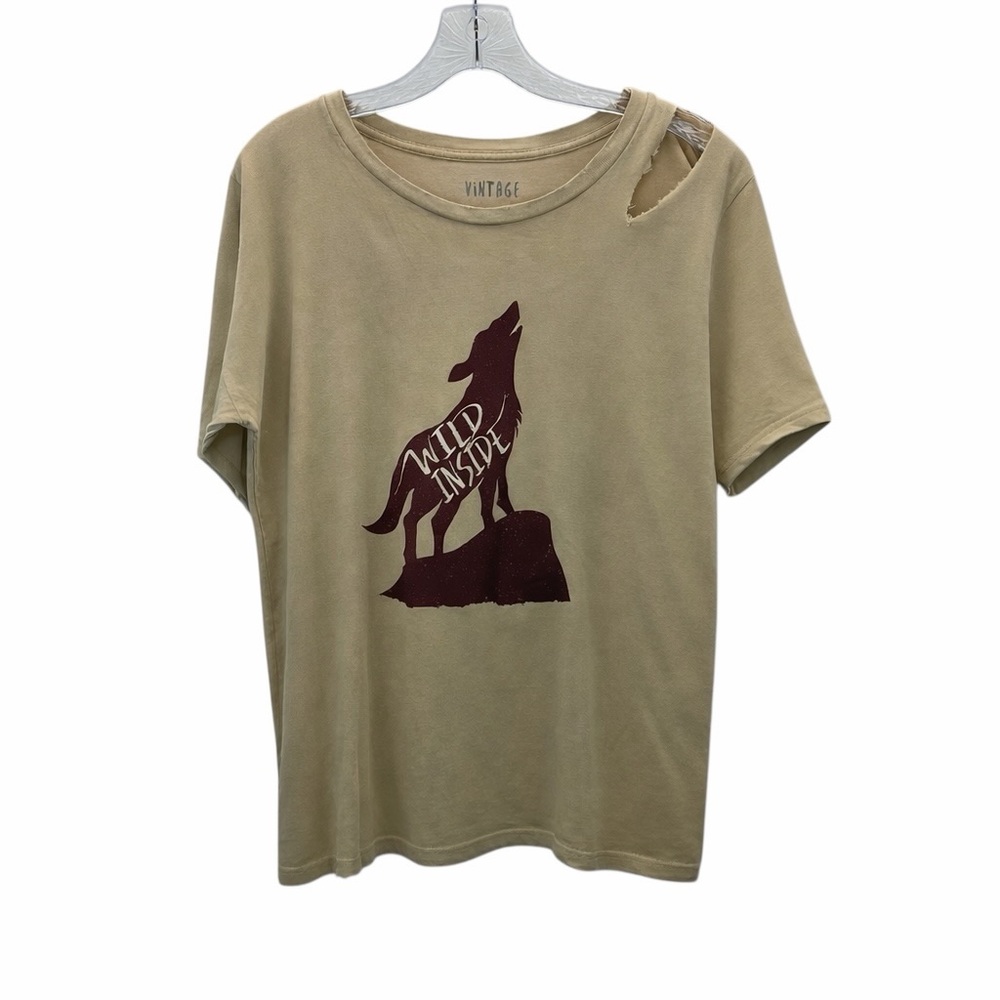 Vintage Canvas Distressed Wolf Graphic Tee Wild Inside Tan Short Sleeve Top L